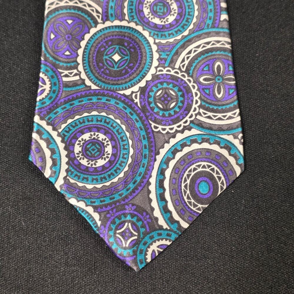 BRIAR Men's Purple Teal Gray 100% Silk Medallion Geometric Pattern Tie